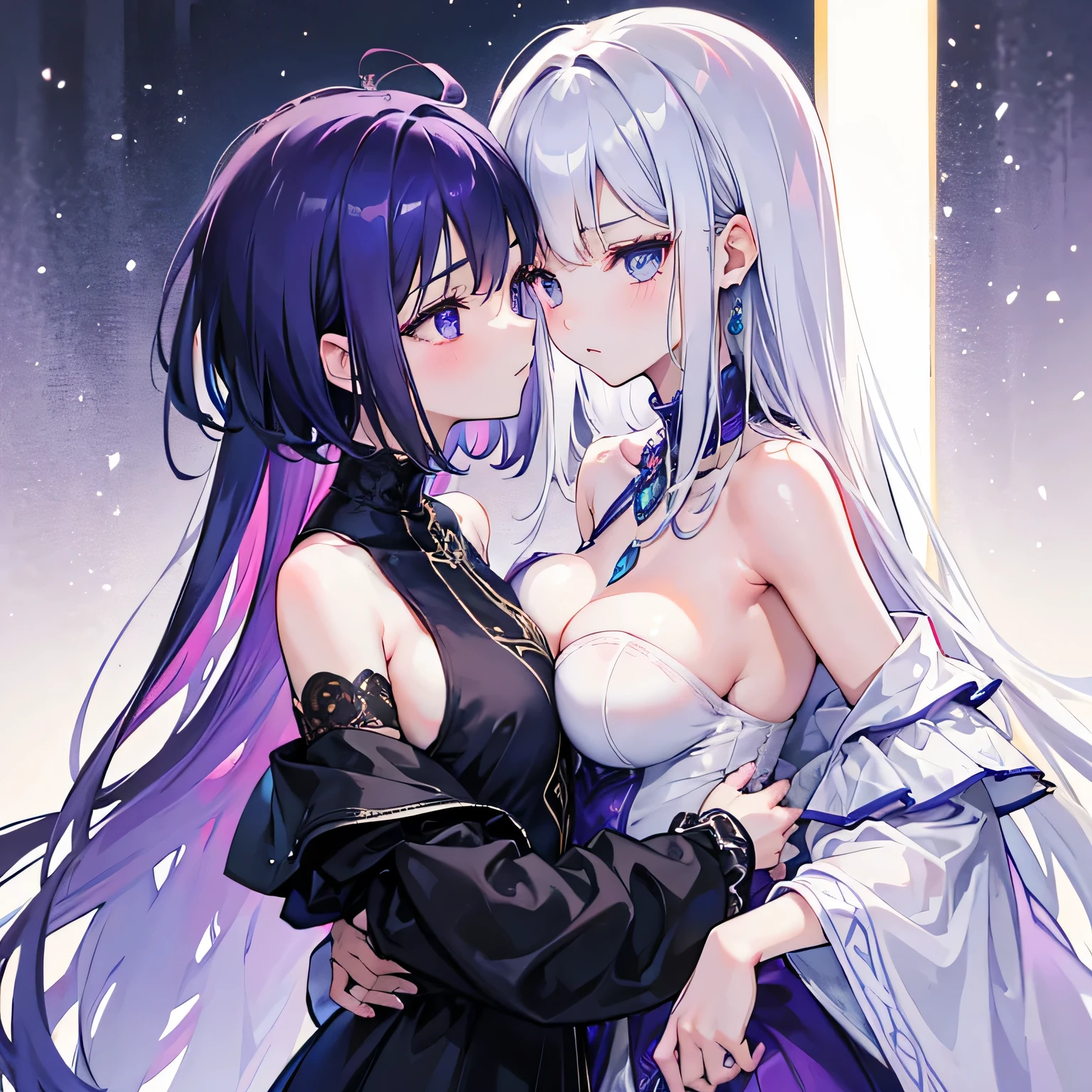 ((best quality)), ((masterpiece)), (detailed), perfect face, 2 girld, lesbian couple, one girl with long white hair and dark blue eyes and is tall and beautiful(long hair), looks fierce and bold, very tall, hot and other girl has short purple hair(short hair) and purple eyes and is cute adorable and is bubbly and shorter, short height, , blushing looks like innocent and shy, kissing, couple, sensual