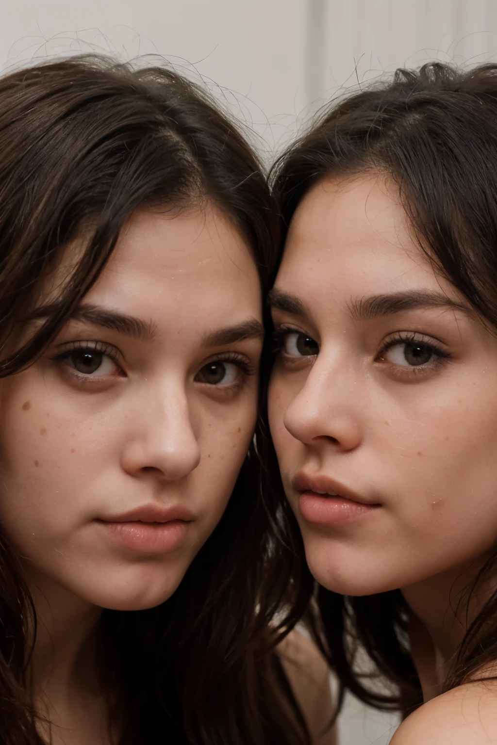 (dos chicos, uno rubio con pecas y ojos marrones, the other black haired man with black eyes and hair that is a little long where they are too close, touching their lips together..)