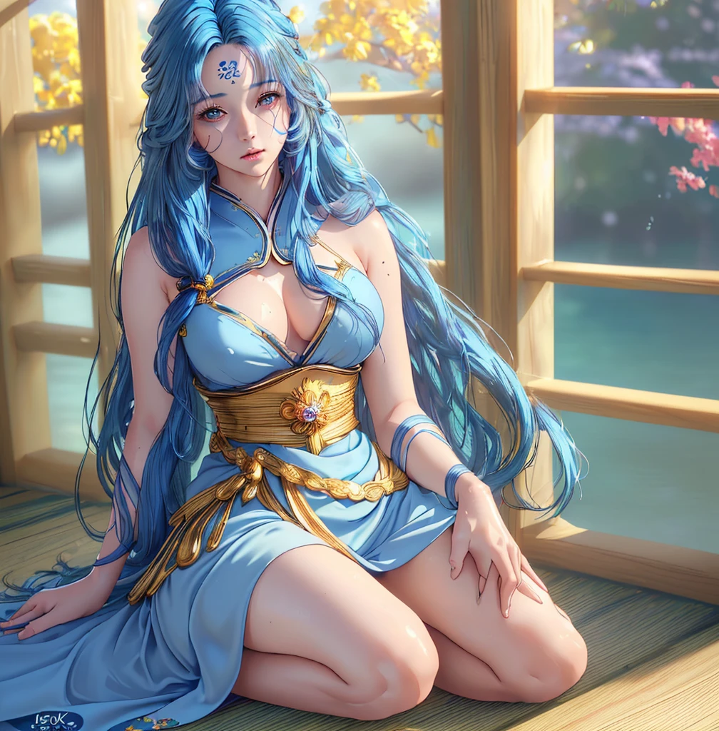 (masterpiece:1.3), (8k, photorealistic, RAW photo, best quality: 1.4), (1girl), beautiful face, (realistic face), (blue hair, long hair:1.3), beautiful hairstyle, realistic eyes, beautiful detailed eyes, (realistic skin), beautiful skin, (Japanese style dress ), absurdres, attractive, ultra high res, ultra realistic, highly detailed, golden ratio