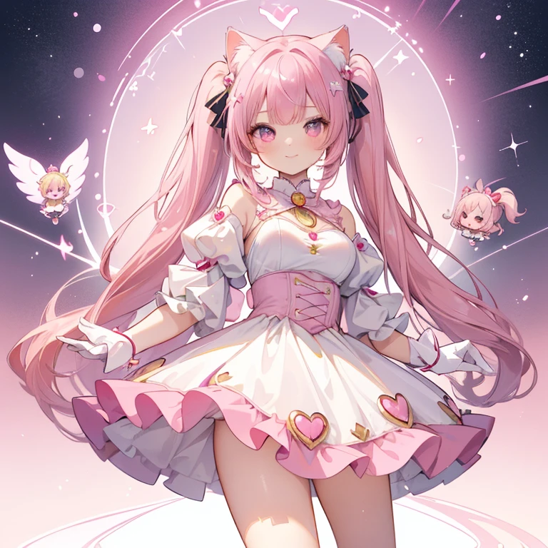 1girl, long hair, pink hair, long flowing hair, floating hair, ornament hair, perfectly body, perfectly hands, rose on hair, 1girl, white maid dress, jewelry, aqua hair, flowing hair, long hair, maid dress with a short skirt and layers, white laces, white boots, white dress with transparency, gold details on her clothes, cat ears, animal ears, more details, perfectly body, perfectly hands, two hands, two legs, two arms, five fingers, glowing hair, best quality, cat ears, animal ears, white gloves, cat tail, alone, maid headdress, choker, detached sleeves, maid dress, maid white dress, strapless, masterpeice, best quality, detailed face, night, asymmetrical gloves, bangs, white short skirt , earrings, elbow gloves, fishnet thighhighs, fishmasterpeice, solo, best quality, detailed face, hair between eyes, jewelry, looking at viewer, single earring, sky, sleeveless, solo, thigh boots, thighhighs, tongue, tongue out, uneven gloves, cat ears, animal ears, cat tail, solo, alone, Looking at the viewer, magenta roses on her hair, space scenery, maid, maid dress, magenta details, maid headdress, maid apron, purple hair, long hair, seat on the Saturn rings, more details on her clothes, gold details on her clothes, space, smiling, standing her hand to a viewer, looking at the viewer, in the background a several asteroids glowing with fiery auras, Dramatic lighting from distant stars and planets illuminates the scene, looking at the vast and mysterious universe, cowboy shot, upper body portrait, more details, sparkle,