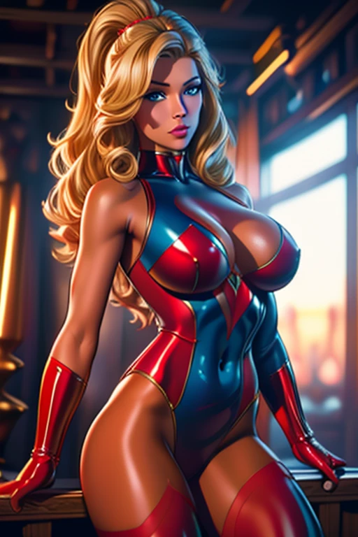 (best quality,8k:1.2,high resolution:1.2),ultra-detalhado,Realistic,selfie pose,looking to cell phone,modern super hero female,long blonde curly hair,rosto extremamente detalhados,long eyelashes,all sheer shiny red and blue leotard de latex Apertado,glossy suntan pantyhose, gloves,Glossy metalic accessories,Physically-based rendering,sharp focus,studio lighting