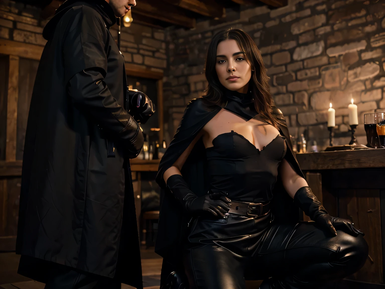 medium shot, photo of skswoman,, wearing Blouse and Leather pants, large black cloth cloak, fine black gloves,in tavern, on her knees in front of a man, having hard sex from behind, (look at viewer:1.0) (skin texture), Fujifilm XT3, DSLR, 50mm,
