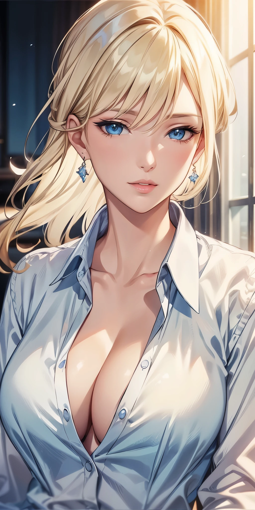 portrait, realistic, elegan woman, blue eyes, blonde hair, 8k resolution cg, beautiful cg, soft light