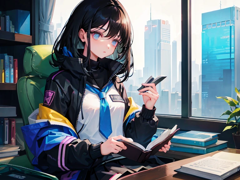 cyberpunk, beautiful woman (black hair, college uniform, holding a book), 