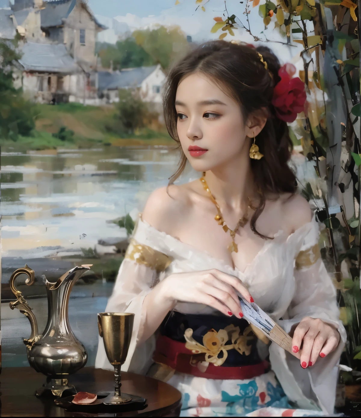 Painting of a woman in a white dress sitting at a table, Yanjun Chengt, By Zhang Han, By Zhou Wenjing, By Ye Xin, By Zhou Fang, By Chichao, By Xia He, By Yang Jin, By Wen Jia, By Zhou Chen, By Daijin, By Qian Gu, palace , girl in hanfu