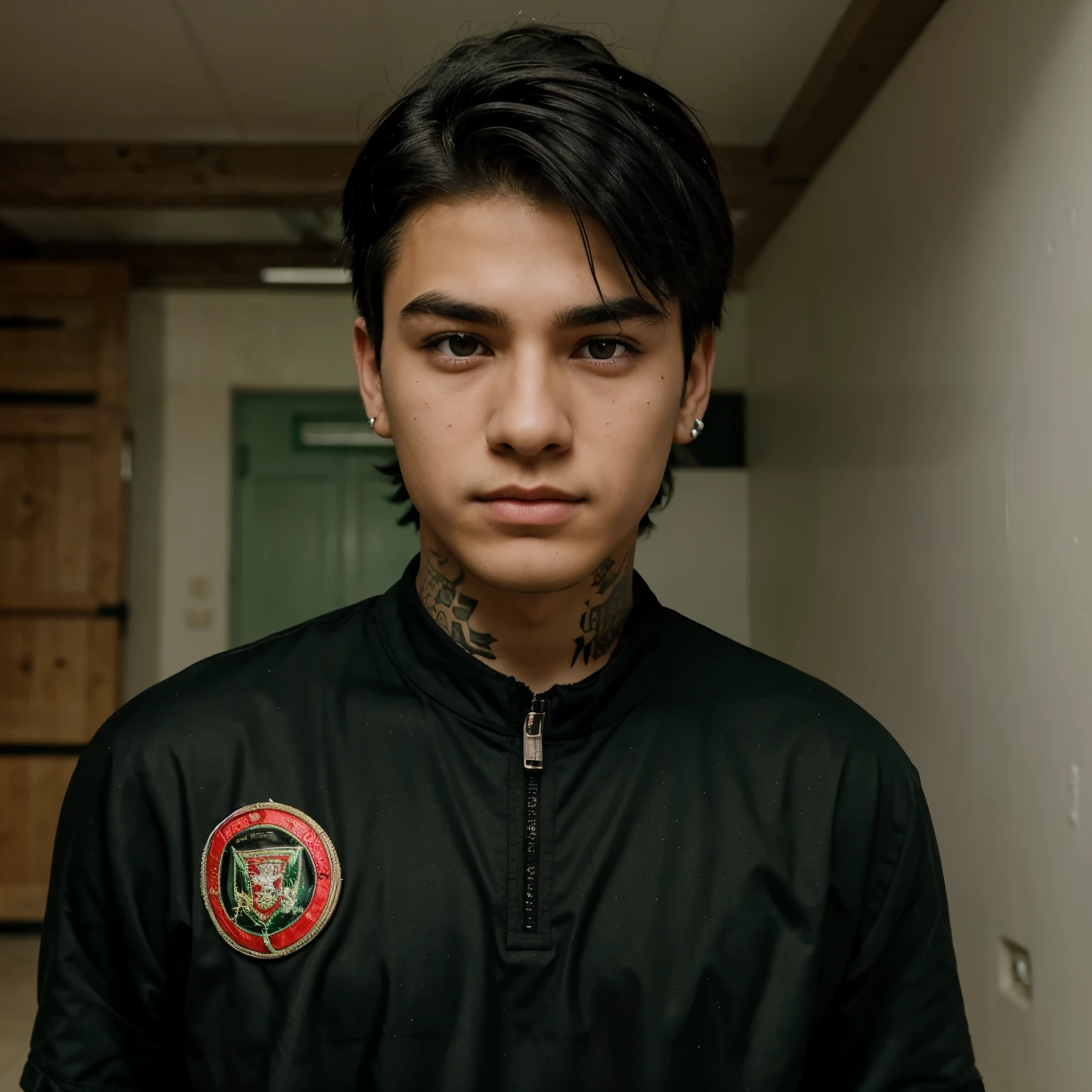 15 year old black haired man with green eyebrow piercing, son of Duncan and country 