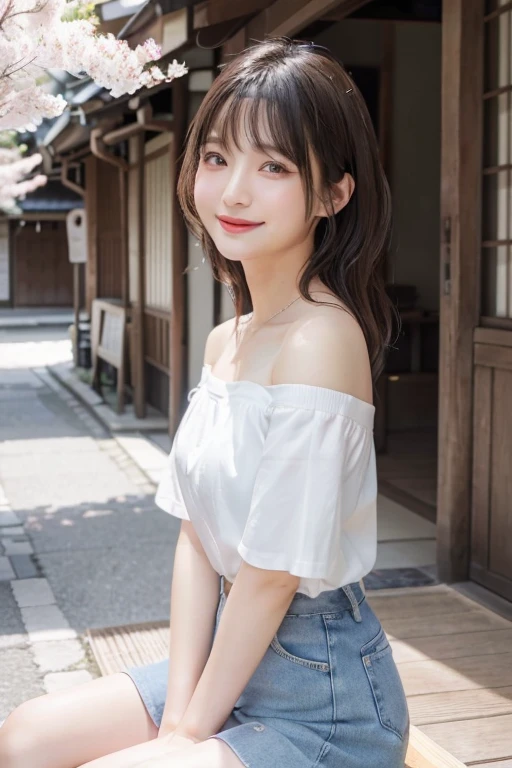 (8K、Raw photo、highest quality)、(realistic、Photoreal:1.37)、Face Detail Textures、超A high resolution、white off shoulder、denim mini skirt、photographed from a distance、whole body reflex、Reflection on toes、美しいjapanese woman、ゴージャスなyoungjapanese woman、美しいyoung女性と、Asian、japanese woman、Nam Jae Young、Beautiful Asian Girl Ever、young、adorable、Ulzzang、cute face of girl、Portrait of a female idol in Japan、very beautiful girl、spring park、grin