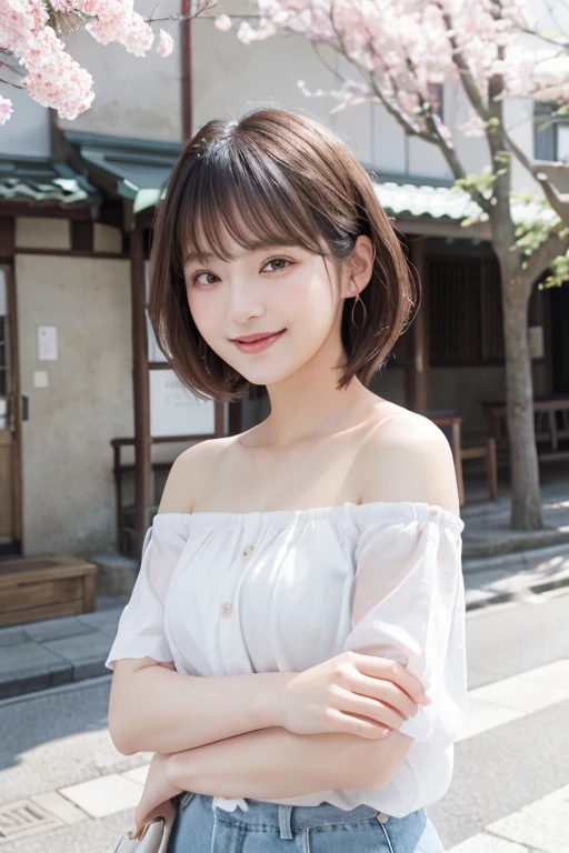 (8K、Raw photo、highest quality)、(realistic、Photoreal:1.37)、Face Detail Textures、超A high resolution、white off shoulder、denim mini skirt、photographed from a distance、whole body reflex、Reflection on toes、美しいjapanese woman、ゴージャスなyoungjapanese woman、美しいyoung女性と、Asian、japanese woman、Nam Jae Young、Beautiful Asian Girl Ever、young、adorable、Ulzzang、cute face of girl、Portrait of a female idol in Japan、very beautiful girl、spring park、grin
