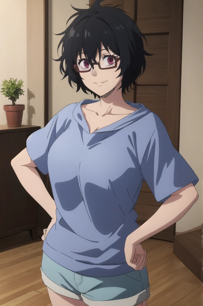 ((best quality)),((highly detailed)),masterpiece,absurdres,detailed face,beautiful face,(detailed eyes, deep eyes),1girl,  Sally, solo, black hair, glasses, short hair, red eyes,messy hair, red sweatshirt, short sleeves, smile, shorts, collarbone, looking at viewer, hair between eyes, scar, huge breasts, hands on hips, in a living room 