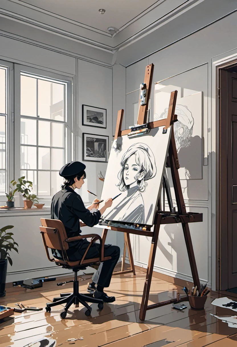 Vector Art, Minimalism, a Painter with beret, drawing board, room, indoor, graphic design aesthetics, flat illustration, masterpiece, best quality, perfect composition, very aesthetic, ultra-detailed, intricate details, Professional, official art, Representative work