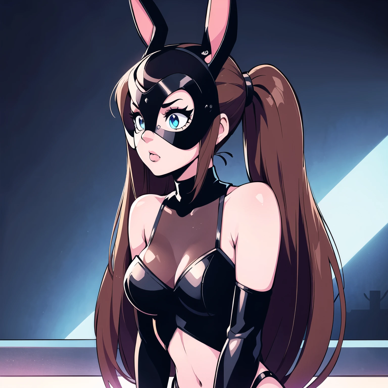 One girl, Ariana Grande, long brown ponytail, dark skin, bunny_mask, face covering leather mask, bunny ears, black leather suit, long gloves, high boots, stocking, standing, serious face, top of skycraper, at night, neon lights