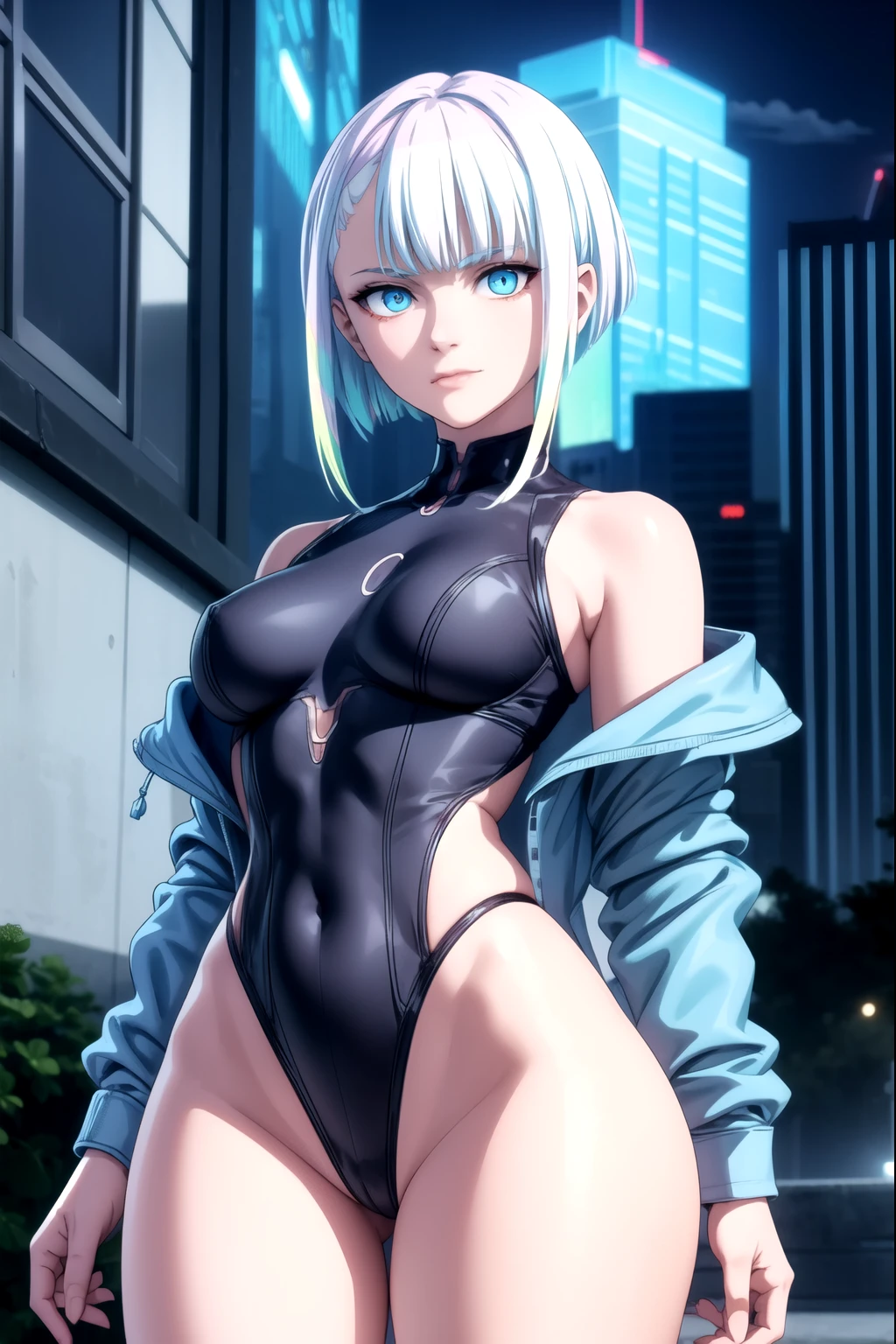 cyberpunklucy, lucy, short hair, bangs, blue eyes, blue hair, multicolored hair, makeup, multicolored eyes, smile,
BREAK bare hips, bodysuit, jacket, leotard, monowire, off shoulder, off-shoulder jacket, open clothes, open jacket, skindentation,
BREAK outdoors, city, moon, night, sky, clouds,
BREAK looking at viewer, (cowboy shot:1.5),
BREAK (masterpiece:1.2), best quality, high resolution, unity 8k wallpaper, (illustration:0.8), (beautiful detailed eyes:1.6), extremely detailed face, perfect lighting, extremely detailed CG, (perfect hands, perfect anatomy),
