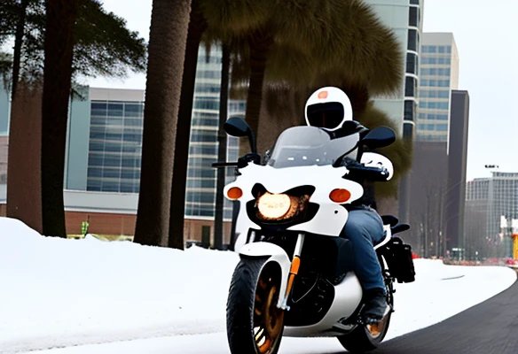 White Tanuki riding Motorcycle on Jacksonville Florida at too much All Snow