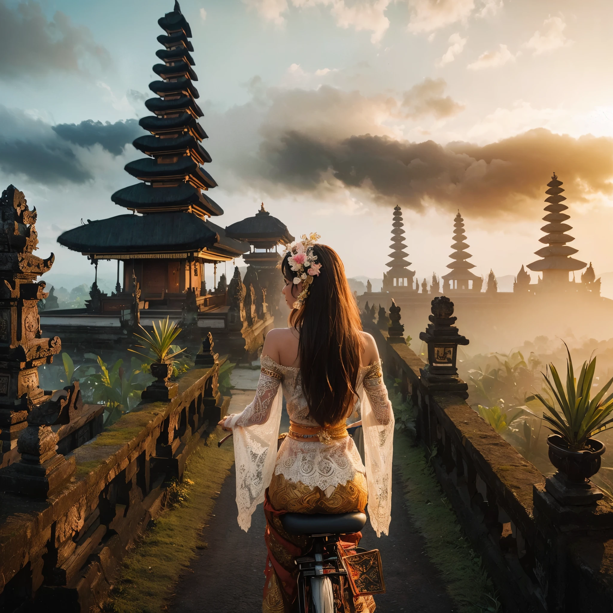 8k Uhd, Dslr,Film Grain, Fujifilm XT3,(Best Quality:1.3), (Masterpiece:1.1), High Resolution, Cinematic Light, Intricate Details, (Photorealistic) create a realistic photography of sacred magical exotic scenery of bali temple on the morning breeze, there are local balinese beautiful girl ((detail pretty exotic malay face)) wearing local traditional cloths ride a old bicycle