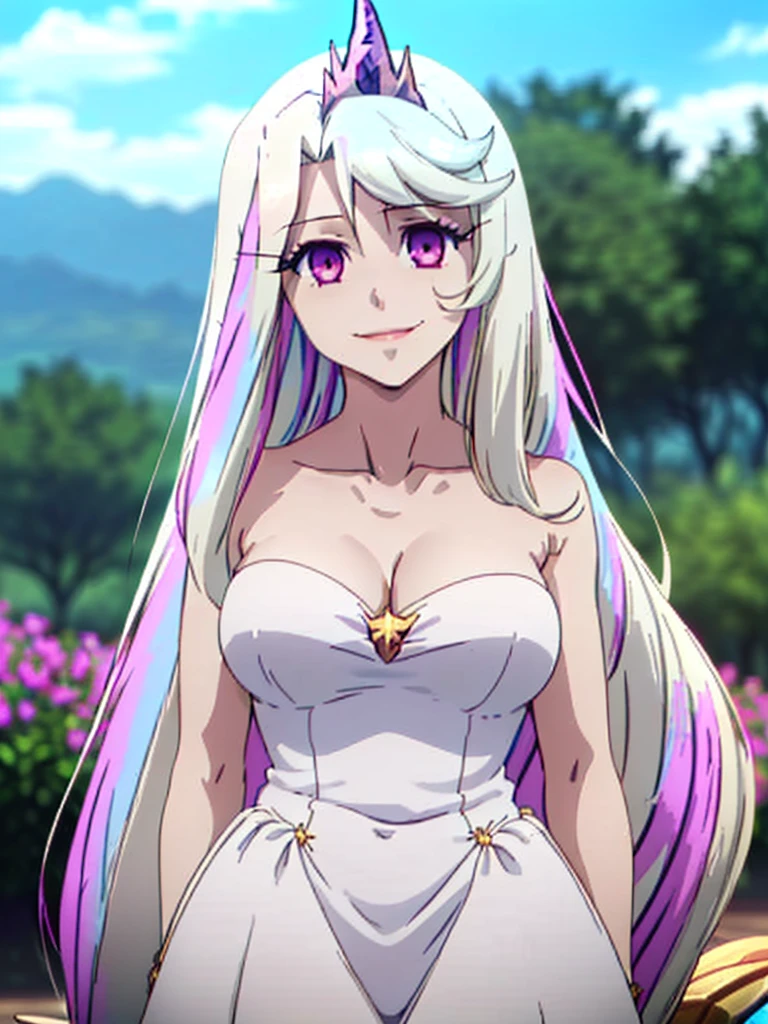 gran calidad ++ Extremely detailed high resolusionolution, very aesthetic, ojos expresivos, (((Cara perfecta))), (((face symmetrical))), ((good anatomy)), (((manos perfectas))), (((8k))), UHD, Fondo de pantalla HD, (((alta calidra detallada, (((((1girl)))))), solamente, Obra maestra, La mejor calidad, high resolusion, Altamente detallado, (illustration), hermosos ojos detallados, (((combatant))), (((1girl))), ((((cuerpo completo)))), (((((((illyasviel von einzbern)))))), (((((princess_celestia)))), ((((forma humana)))), (((((smile))))), ((princesa celestia humanizada)), Celestia, Celestia de My Little Poni, celestia en forma de milf, Cabello largo y ondulado, (((Ojos rojos))), (((strapless tube dress))), (((purple heart promise))), (((white dress))), (((milfication))), (((mature female))), (((gigantic breasts))), (((orejas blancas de pony))), (((Dedos detallados))), (((white wings on the back))), (((cuerno de unicornio))), Dedos precisos, Manos no antinaturales, strange eye, columnas griegas, exterior, hermoso bosque majestuoso, hojas de parra rodeando las columnas, arbustos de flores por todas partes, cielo despejado, bright sunny day, water lilies, bosque celestial,