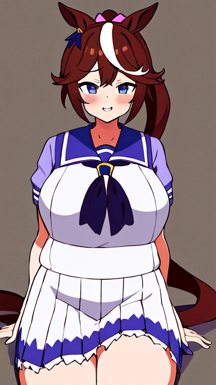 (huge huge tits), High resolution, 1 girl, marl, alone, Tokai Teio (Umamusume), Trasen , white thighs, white skirt, ponytail, sailor shirt, Plump short sleeves, very long hair, brown haired, horseshoe decoration, sailor collar, purple shirt, hair intake, mini skirt, land, teeth, blue eyes, bangs, embarrassing, low length