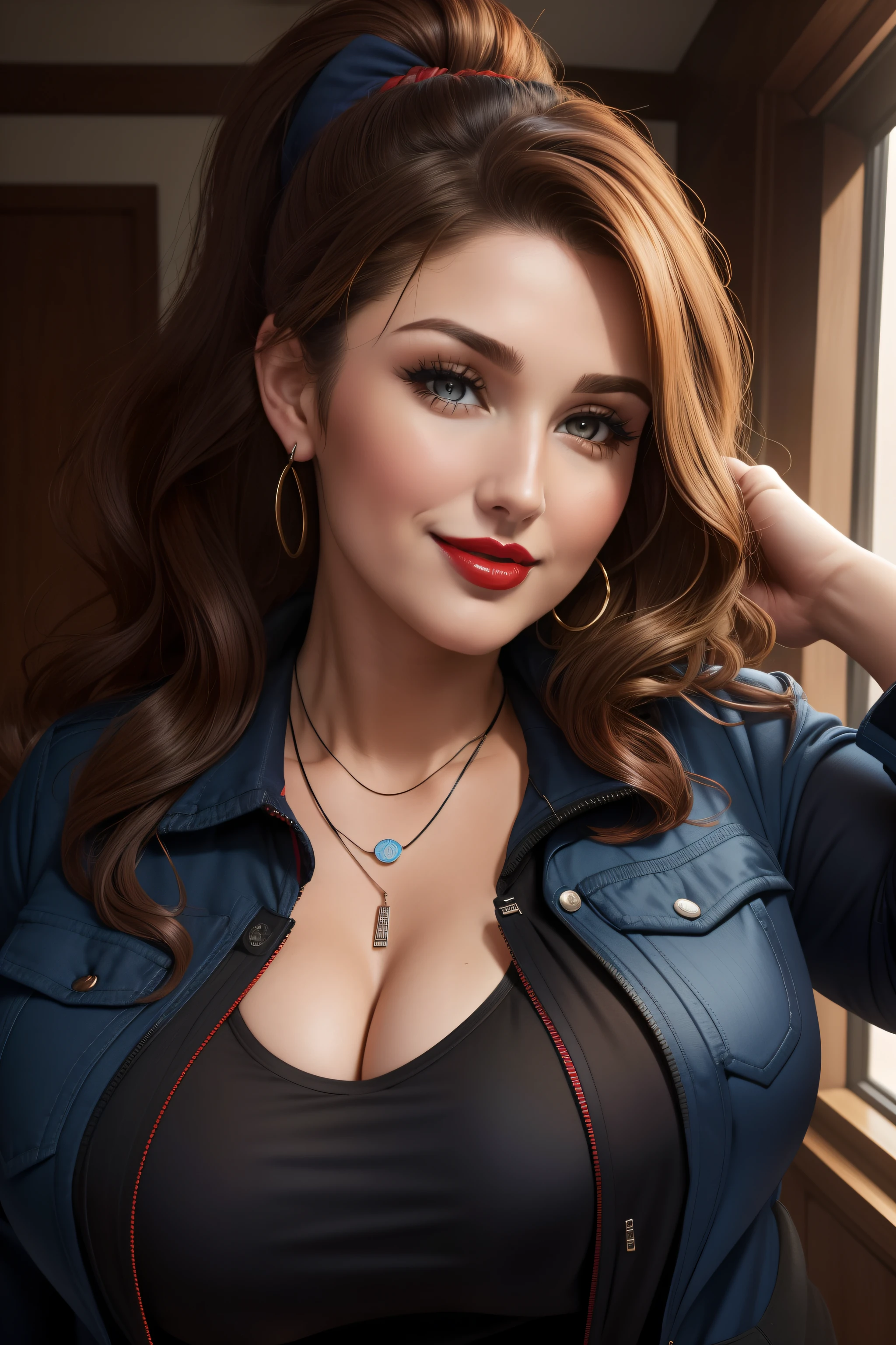 Lucy Pinder, Face portrait, face, neckline, ((red lipstick)), smiling, wavy hair, brown hair, ponytail, ((blue t-shirt)), ((black jacket)), necklace, very chubby woman