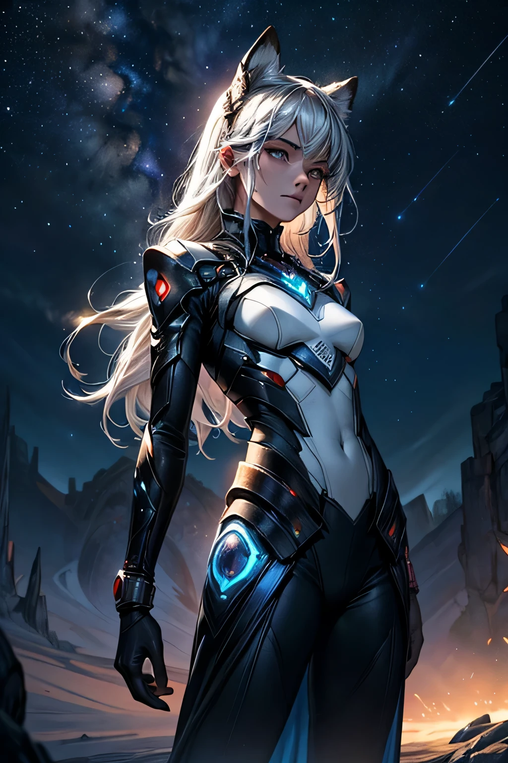 Uma mulher madura loira com roupas futurista, envolta em um manto escuro, is standing in an open space under the night sky. Seu rosto, iluminado pela suave luz da lua, reveals lines of experience and wisdom. Your contemplative eyes seem to delve into the mysteries of the universe, while his distant gaze suggests deep introspection. Ao redor dela, the darkness of the night is broken only by the soft glow of stars dotting the dark sky. A feeling of tranquility and serenity hangs in the air, enquanto a mulher parece estar imersa em pensamentos profundos, connecting with the vastness of the cosmos around you. The nighttime environment provides a mysterious and inspiring setting, where the boundaries between reality and imagination dissolve, inviting reflection and contemplation.