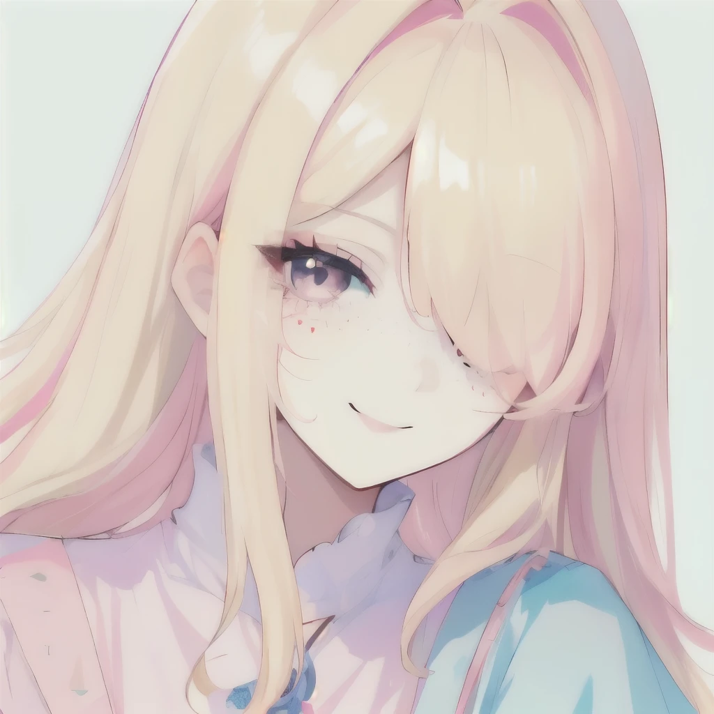 Girl, (hair over one eye), (big hair), blonde, face close-up, light pink shirt, smiling, happy, freckles, ((color palette: pastel colors)), stickers on her face, harajuku