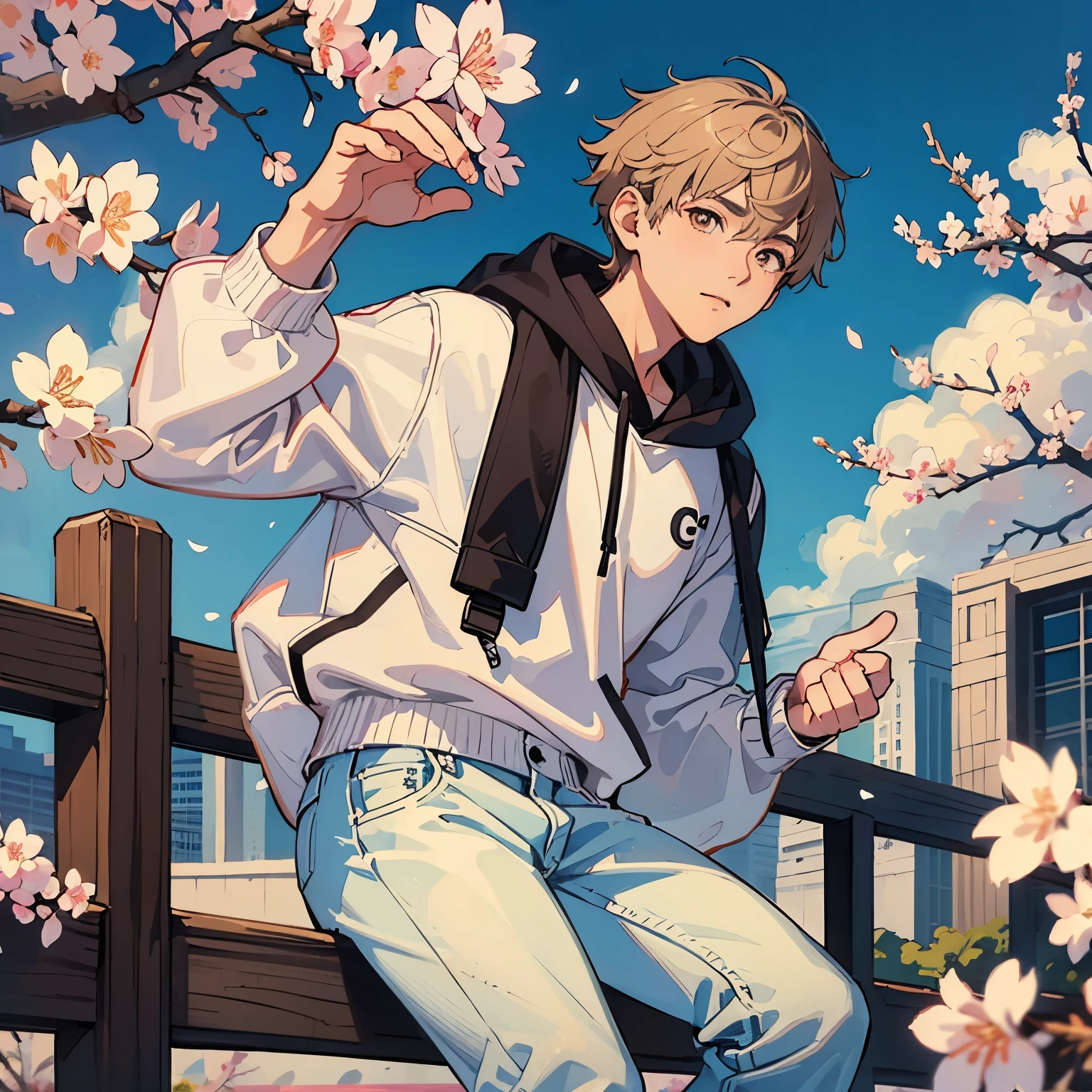 A boy with brown eye, white hoodie and blue jeans , cherry blossom environment in the background. "C" Written in his clothes with black colour