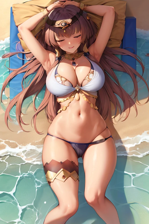 masterpiece, best quality, beautiful art, high resolution, well formed hands, body and fingers, 1 woman, solo, Candace, big breasted, cleavage, full body, hair ornament, gorgeous legs and thighs, wearing a Mata Hari outfit, sexy belly dancer,sexy and skimpy arabian belly dancer attire, ryona , in peril, , defeated , knocked out, passed out, unconscious, closed eyes, laying down on the sand, exposed extended body, bouncing breasts, sexy defeated pose, sexy smirk on her face, showing vulnerability and helplessness, defeat and KO scene, martial arts tournament on the beach