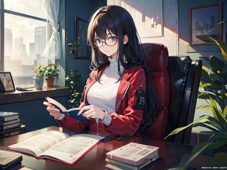 A woman sat quietly, eyes fixed on the pages of the book she was reading seriously. Next to him, another woman in futuristic clothes wearing augmented reality glasses, smiling looking forward, enjoying the picture of a bright future