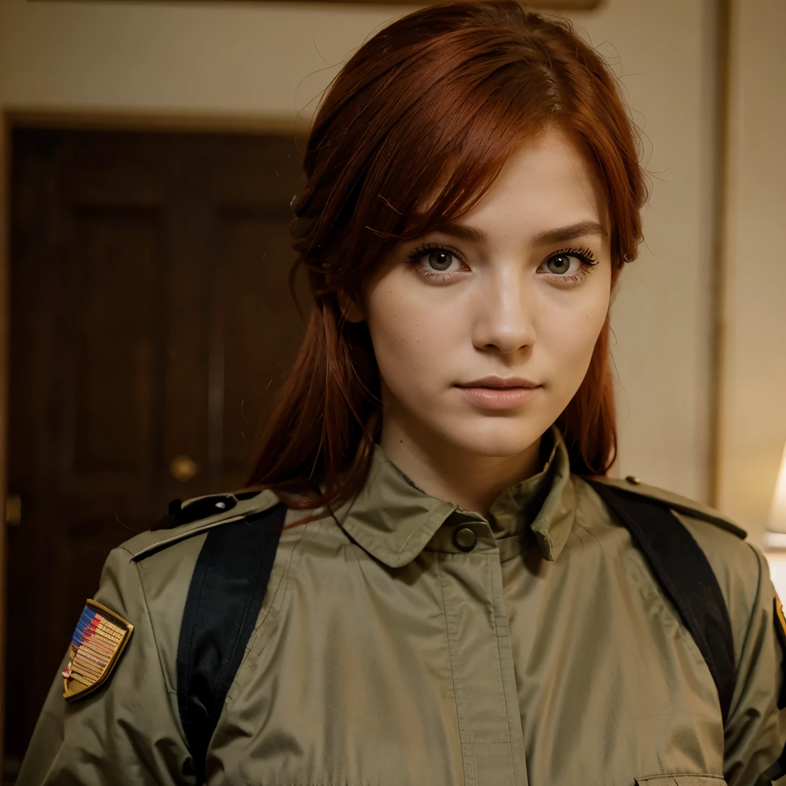 Red hair, military costume, brown eyes,