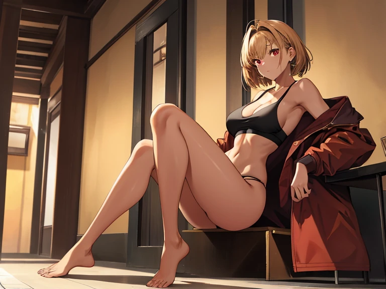 masterpiece:1.2, high quality, best quality, detailed_background,indoors,highres,neko (solution1988),brown coat,full body,open clothes,absurdres,red eyes,open coat,gradient background,looking at viewer,sports bra,1girl,short hair,bare shoulders,solo,golden hair,jacket,crop top,off shoulder,head tilt,light golden brown skin,tan skin