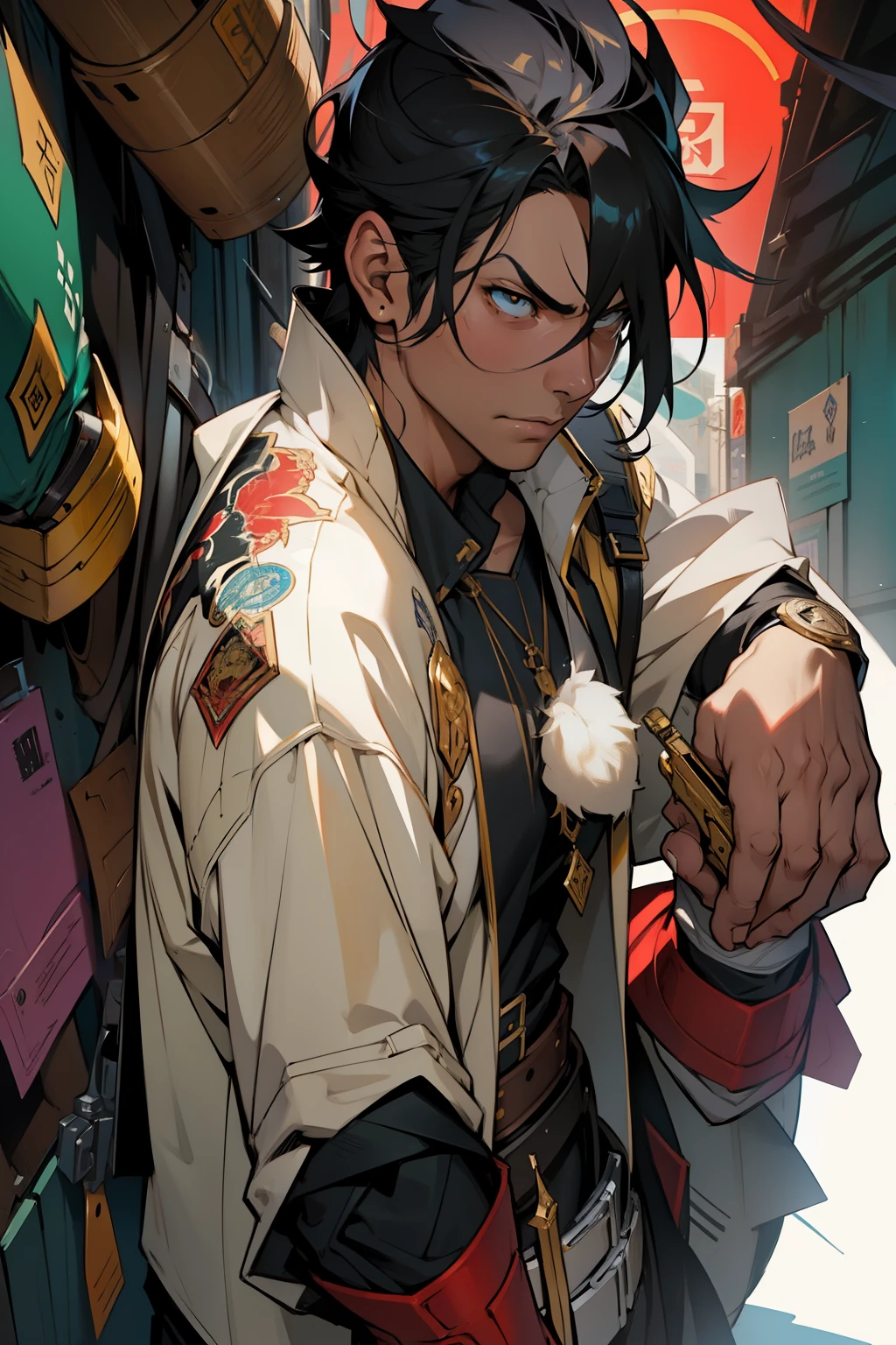 um close up de uma pessoa apontando uma arma para algo, guilty equipment strive splash art, guilty equipment strive graphics, cara bonito na arte do ladino, JC Leendecker e Sachin Teng, por Krenz Cushart, estilo tyler jacobson, pessoal, arte detalhada de personagem de anime, thief equipment art direction, Shirow Masamune, krenzcushart