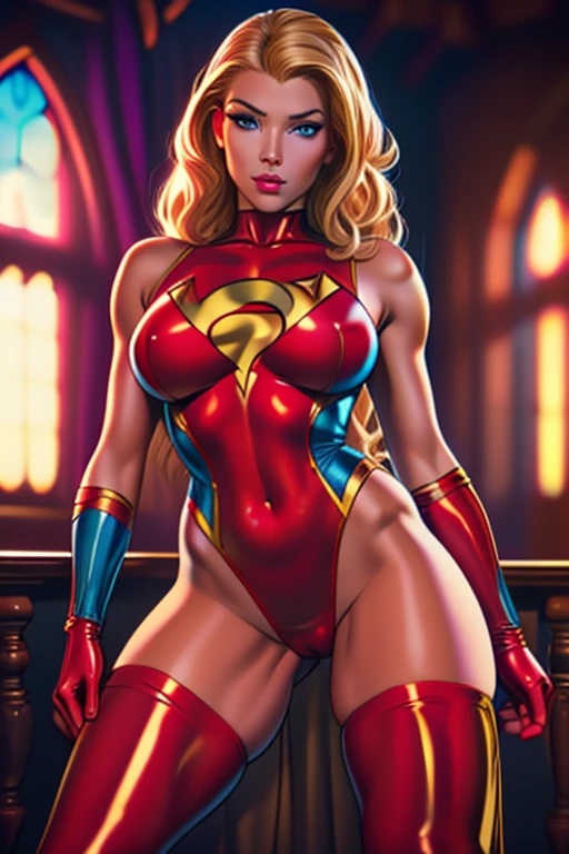 (best quality,8k:1.2,high resolution:1.2),ultra-detalhado,Realistic,vintage super hero female,long blonde curly hair,rosto extremamente detalhados,long eyelashes,all sheer shiny red and blue leotard de latex Apertado,glossy suntan pantyhose, gloves,Glossy metalic accessories,Physically-based rendering,sharp focus,studio lighting