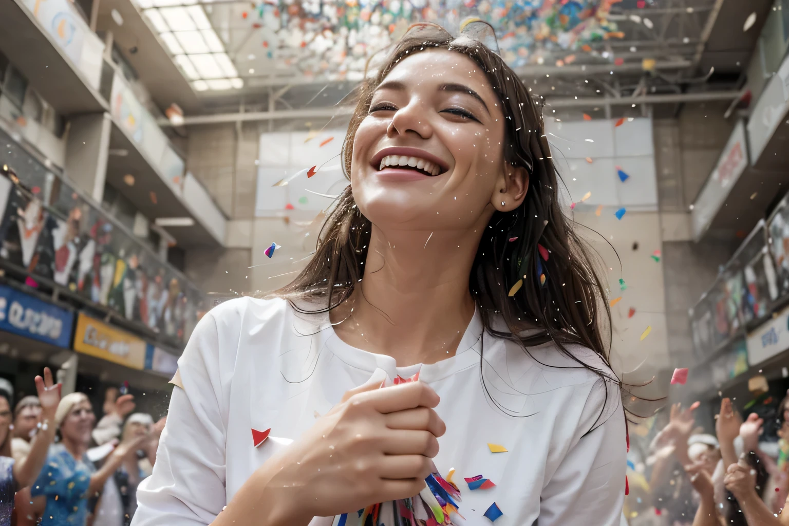 stock photo, a woman is smiling as confetti rains down all around her