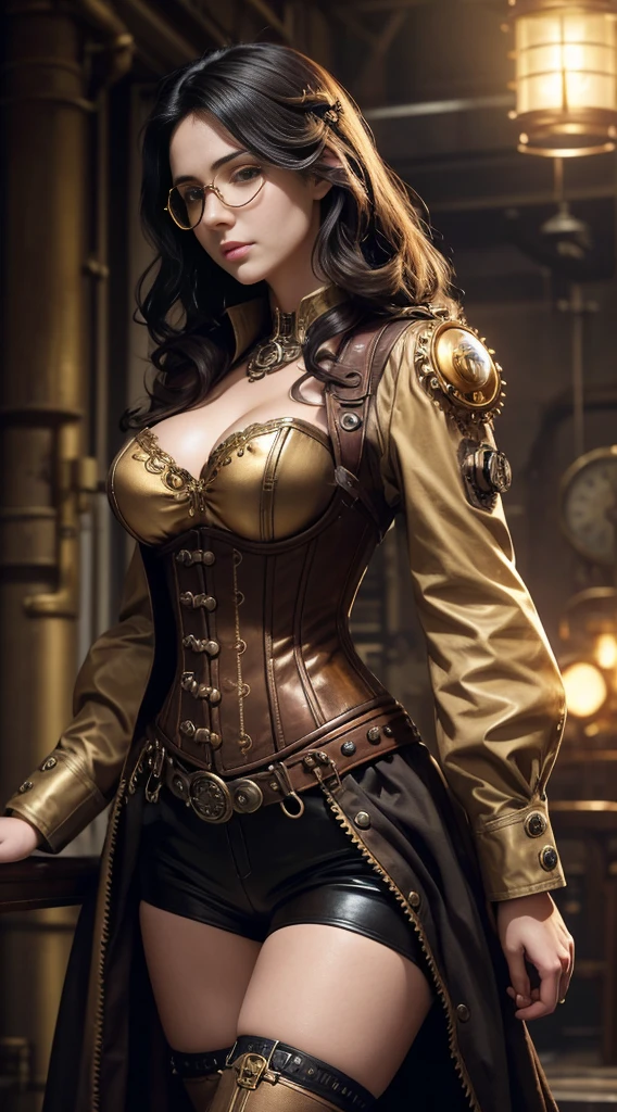 Photorealistic Production, One Person, Realistic Image of a Gorgeous 25 Years Old British Female Mechanic Waving a Hand, Short Wavy Black Hair, Pale Skin, Steampunk City Road at Day, (Wearing Brown and Gold Steampunk-style Outfit with Goggles and Corsets, with Ornated Golden Gears and Clocks), Centered, Waist-up Shot, From Front Shot, Cinematic Shot and Lighting, Sharp Focus, Ultra Detailed, Taken with DSLR camera,  Depth of Field, Incredibly Realistic Environment and Scene, Master Composition and Cinematography