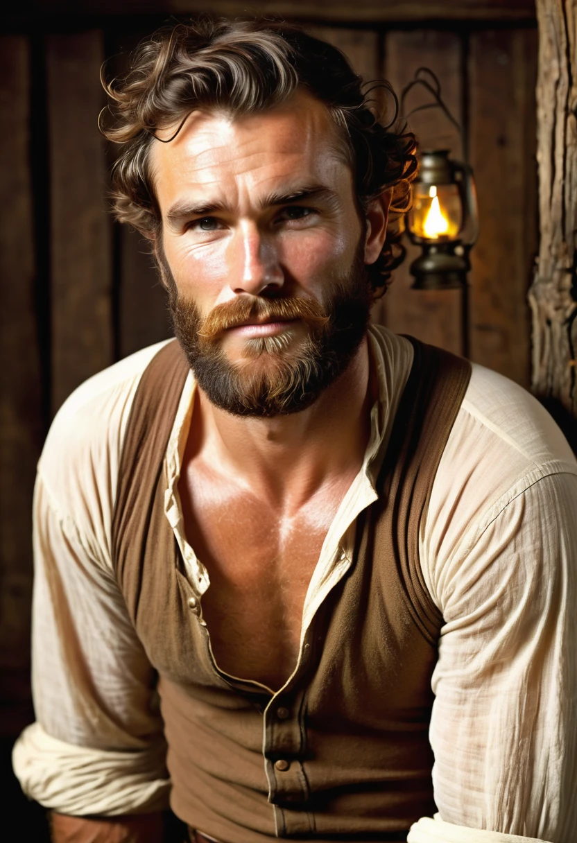 (highly detailed, soft light, photorealistic, dynamic light; cinematic; close up); victorian era; 1820s; 30 years old man; English; 1820s gentleman; strikingly handsome; high cheekbones; broad manly muscular jaw and chin; strapping; tough confident expression; masculine face with several scars; charismatic; grizzled; intense desirous expression; manly passionate air; very attractive; burly broad figure; ruddy weathered skin; unkempt beard; natural light-blue eyes; thick strong chestnut-brown eyebrows; carefully-shaped 1820s sideburns; 1820s thick brown coat, open; 1820's union shirt, ripped open and showing chest; 1820s suspenders connected to pants; broad very hairy chest showing; short styled chestnut-brown hair in 1820's hairstyle; full firm masculine lips, mouth open; standing in an 1820s intimate cosy log cabin at night-time with 1820s oil lamp in the background; looking at camera