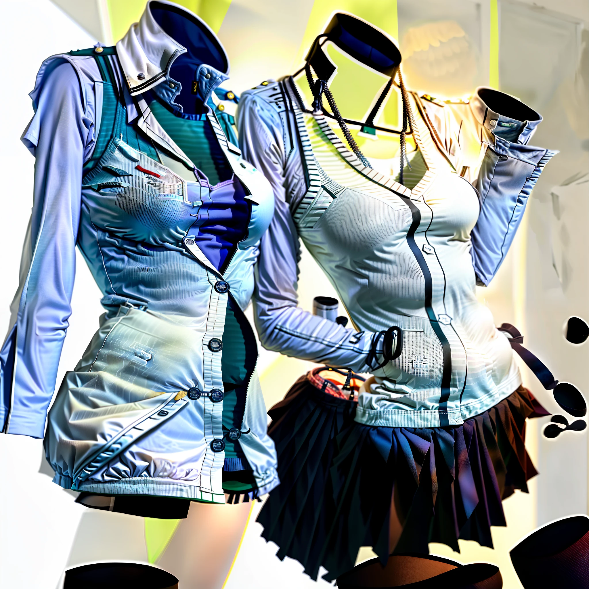 Invisible girls, world without humans, headless, sailer uniforms, (realistic: 0), headless, empty, handless, headless, invisible girls, school uniforms, school sweater, empty clothes, invisible body, invisible head, empty clothes, invisible girl, uniforms, invisible body, invisible head, clothes has enormous breasts and ass, tights, hanger uniforms in a closet swells as if invisible busty girls are wearing them, girl's busty uniforms begin to pose on its own as if worn by invisible girls, wearing a school vest