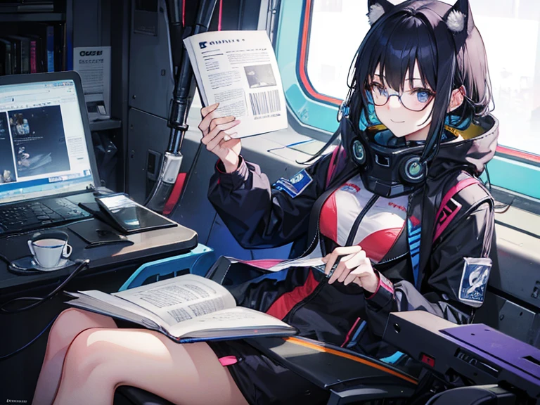 A woman sat quietly, eyes fixed on the pages of the book she was reading seriously. Next to him, another woman in futuristic clothes wearing augmented reality glasses, smiling looking forward, enjoying the picture of a bright future