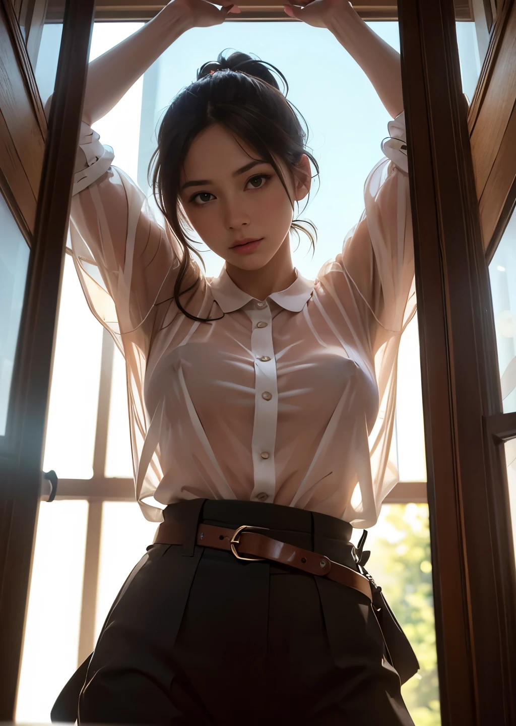 (best quality, masterpiece, high resolution:1.1),Use natural light and color, hyper detail clothes, high detailed photoreal image, cinematic light, 1 female ,Forehead, embarrassing ,blush, long brown hair, ponytail, medium chest, chest belt,lace, in changing room, erect nipples , upper body,(transparent shirt:1.4), against light from window, large window, (silhouette of body:1.4), arms on table, from below diagonal