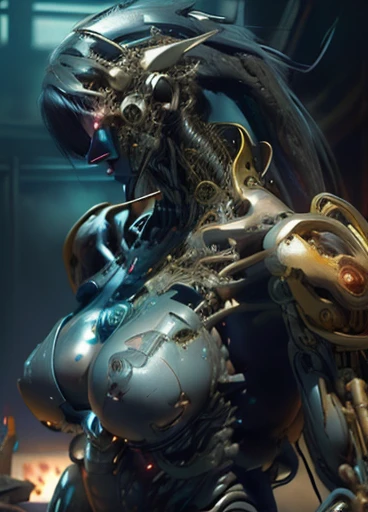 NSFW masterpiece,(best quality)Giant Cyberpunk Female Mechanical Titan,Evolution Future Tech Titan, a marble breast prosthesis assembled from giant mechanical structural modules,Dungeon ruins on apocalyptic cloudy day and night,The cracked skin shell of a jewel-encrusted mechanical breast implant,Heavy exoskeleton fantasy technology evolution mecha,Dark fantasy art rendering,Standing on the smoky ruins,Dark swamp atmospheric fog special effects,