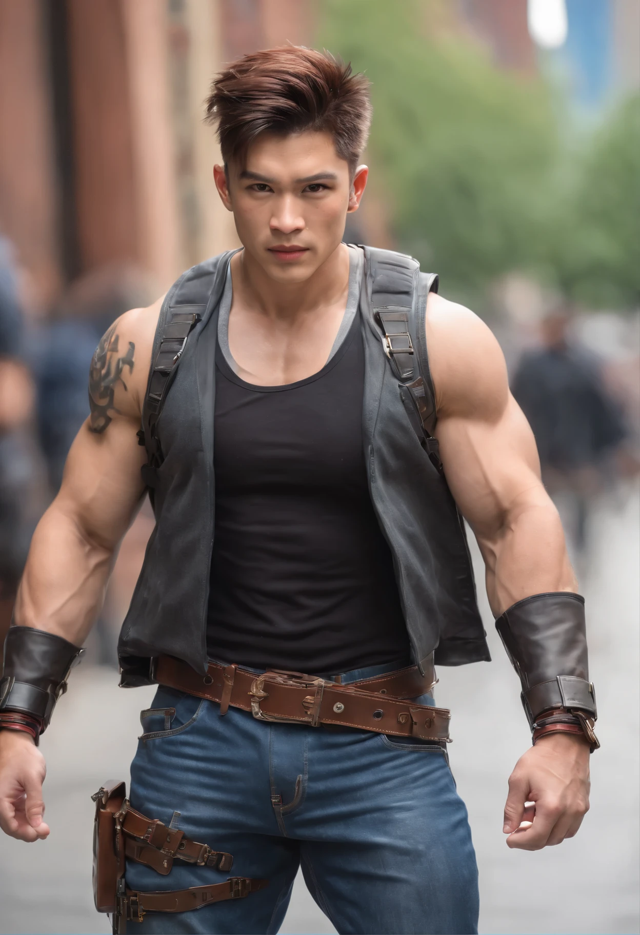(best quality, HDR, ultra-detailed, realistic: 2.0), (best quality, HDR, ultra-detailed, realistic:2.0), wearing cybernetic attire, muscular and athletic physique, extremely large, hair like Goku's Super Saiyadin, wearing cybernetic suit, muscular and athletic physique, full profile, full body, wearing jeans and shoes, adventure model boots, short hair, warrior, barbarian, chest and abdomen visible, cyberpunk style, vibrant colors, intense lighting, walking on the streets of New York, showing buildings and people in the background, realistic, real photo, with a green bag on the shoulder, beautiful model and vibrant colors, wearing cybernetic attire, muscular and athletic physique, extremely large, hair like Goku's Super Saiyan,wearing cybernetic suit, muscular and athletic physique, full profile, full body, wearing jeans and shoes, adventure model boots, short hair, warrior, barbarian, chest and abdomen visible, cyberpunk style, vibrant colors, intense lighting, walking on the streets of New York, showing buildings and people in the background, realistic, real photo, with a green bag on the shoulder, beautiful model...