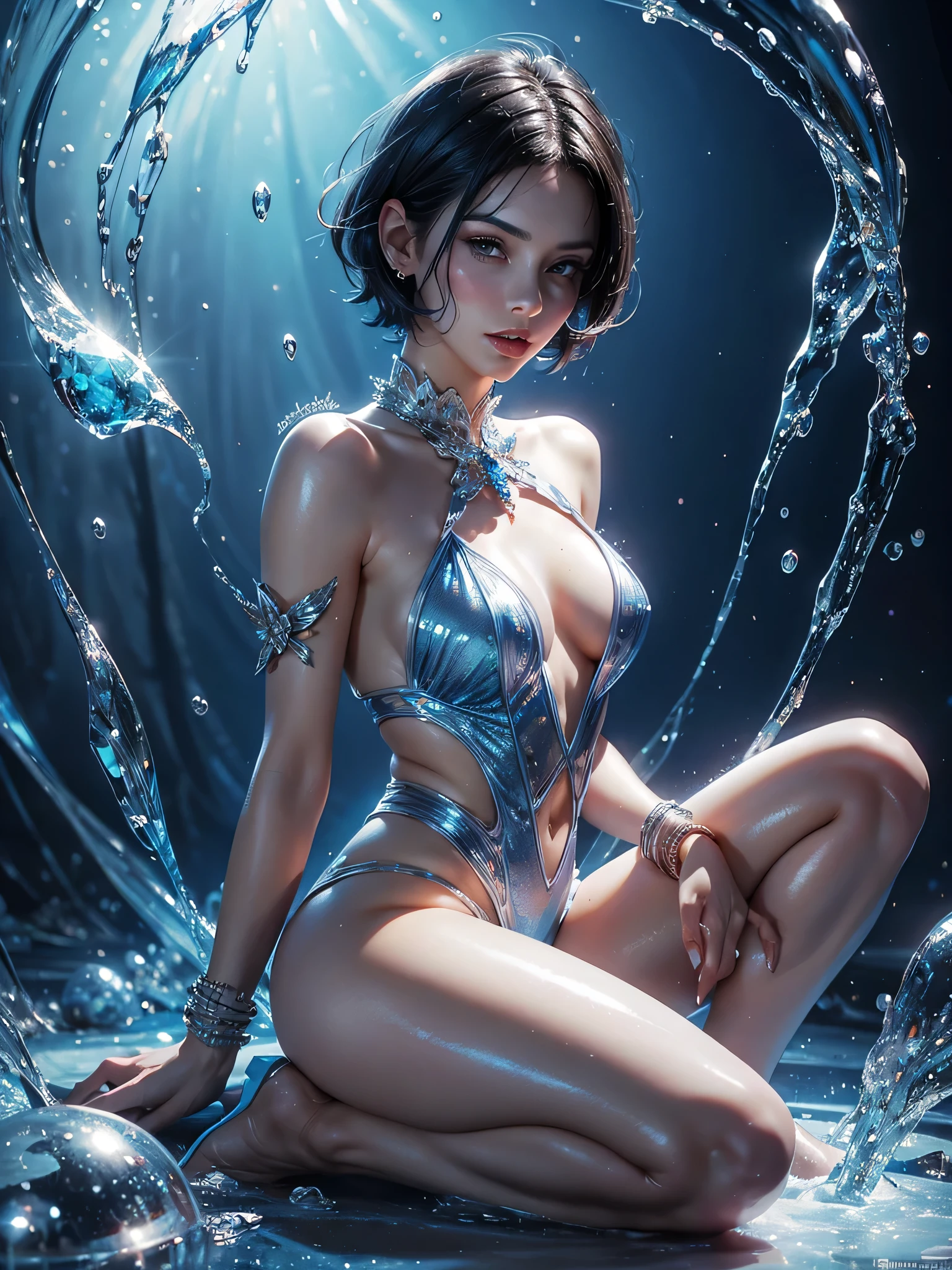 close portrait of beautiful woman, short hair, blue crystal covered female with ice creams, raining strawberries, detailed, 3d, stunning pose, burgund white perfect body, perfect legs, perfect face, in very tied latex costume, Wadim Kashin, James Gurney, Ink, splash art, amazing beauty, normal fingers