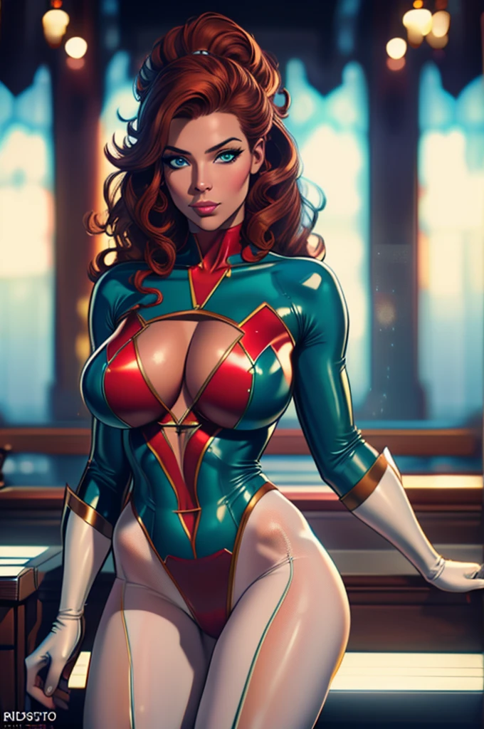 (best quality,8k:1.2,high resolution:1.2),ultra-detalhado,Realistic,vintage super hero female,long red curly hair,rosto extremamente detalhados,long eyelashes,all sheer shiny green and blue leotard de latex Apertado,cleavage,glossy suntan pantyhose, gloves,Glossy metalic accessories,Physically-based rendering,sharp focus,studio lighting, white neutral scenario