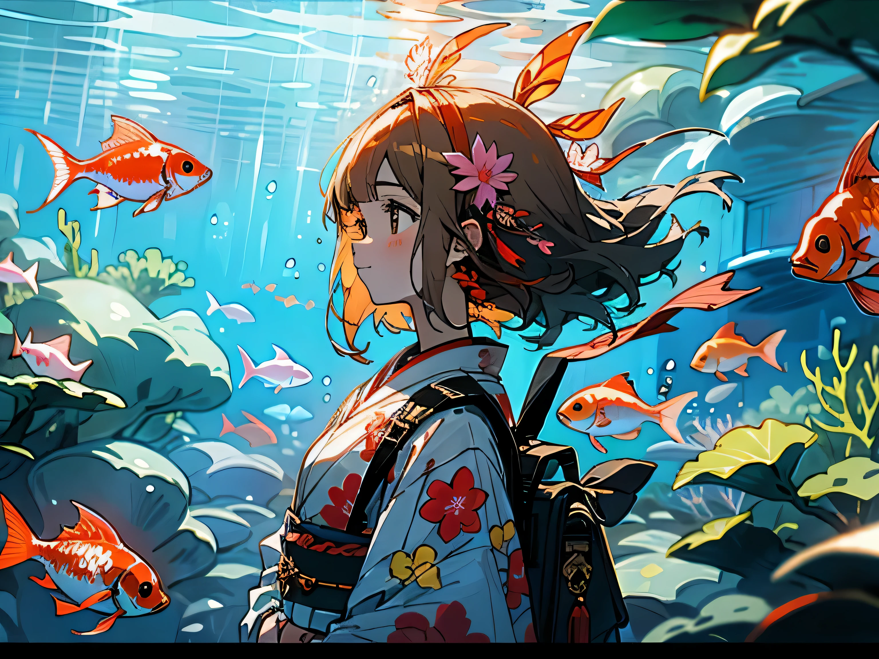 1 girl, thick, Red goldfish, One, Brown eyes,brown bag, japanese clothes, general, profiles, upper body, White hair, From the side, Backpackailbox, bubbles, red kimono, hair ornaments, By bangs, Floral Prints, blush,Bright underwater,bright light