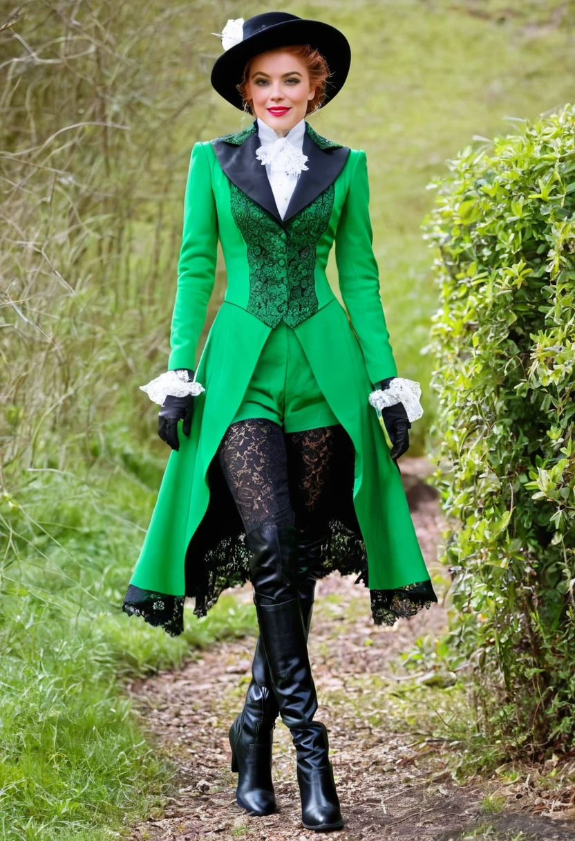 Her lace lined tailcoat and boots were all green