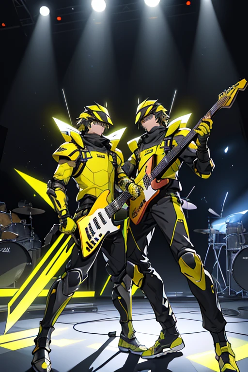 Two futuristic soldiers in black and yellow full armor, each with an electric guitar flying V Black and yellow. Le tous sur un fond de salle de répétition avec écrit sur le mur du fond : FIREFORCES.