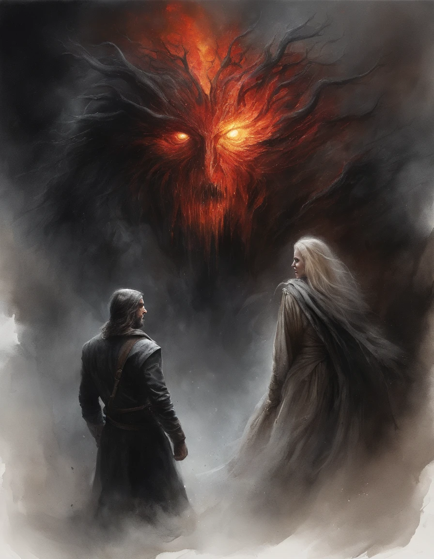 A captivating dark fantasy scene featuring a man with a sinister facial expression, his fiery red eye gleaming. He stands surrounded by shadows, fostering an air of mystery and danger. Opposite him, a radiant woman with a glowing aura is depicted, her hair flowing like a waterfall of light. The background presents a grim, foggy landscape with towering mountains and a meteor shower, adding to the overall mystical and eerie atmosphere. Their eyes locked in an intense stare, the man and woman embody the epic battle between light and darkness., conceptual art, 3d render, dark fantasy, cinematic, portrait photography, illustration
