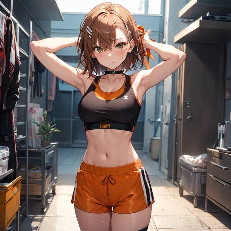 Masterpiece, 4K, Best Quality, Misaka Mikoto, amber eyes, dark brownish orange hair, lightbgolden brown skin, Ribbon, Sports Bra, Latex Shorts, Standing, Arms Crossed Cool Expression Sweat Miwaki