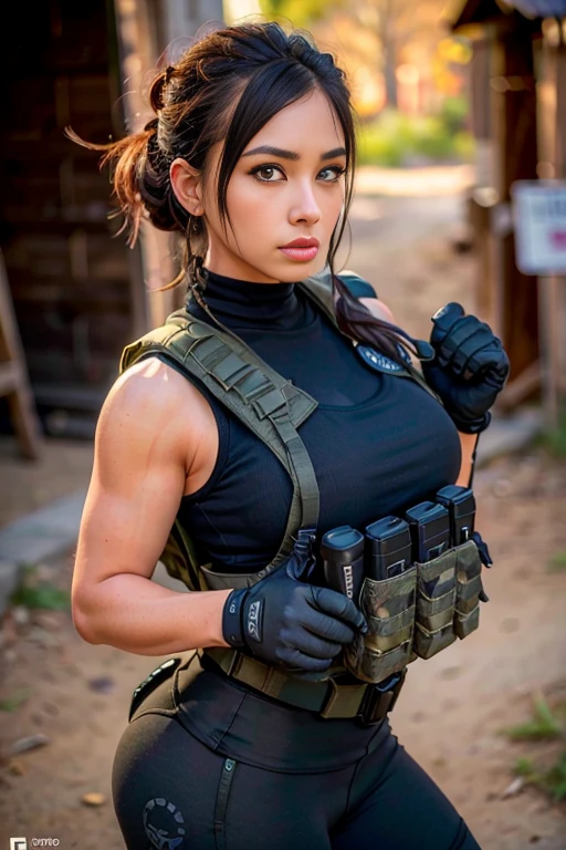 <lora:Tacticool:0.6> ((portrait shot)) Tacticool, a woman, (vest:1.2), military, 4k, high-res, masterpiece, best quality, (head:1.3), finely detailed skin, cleavage, large Sakura tree