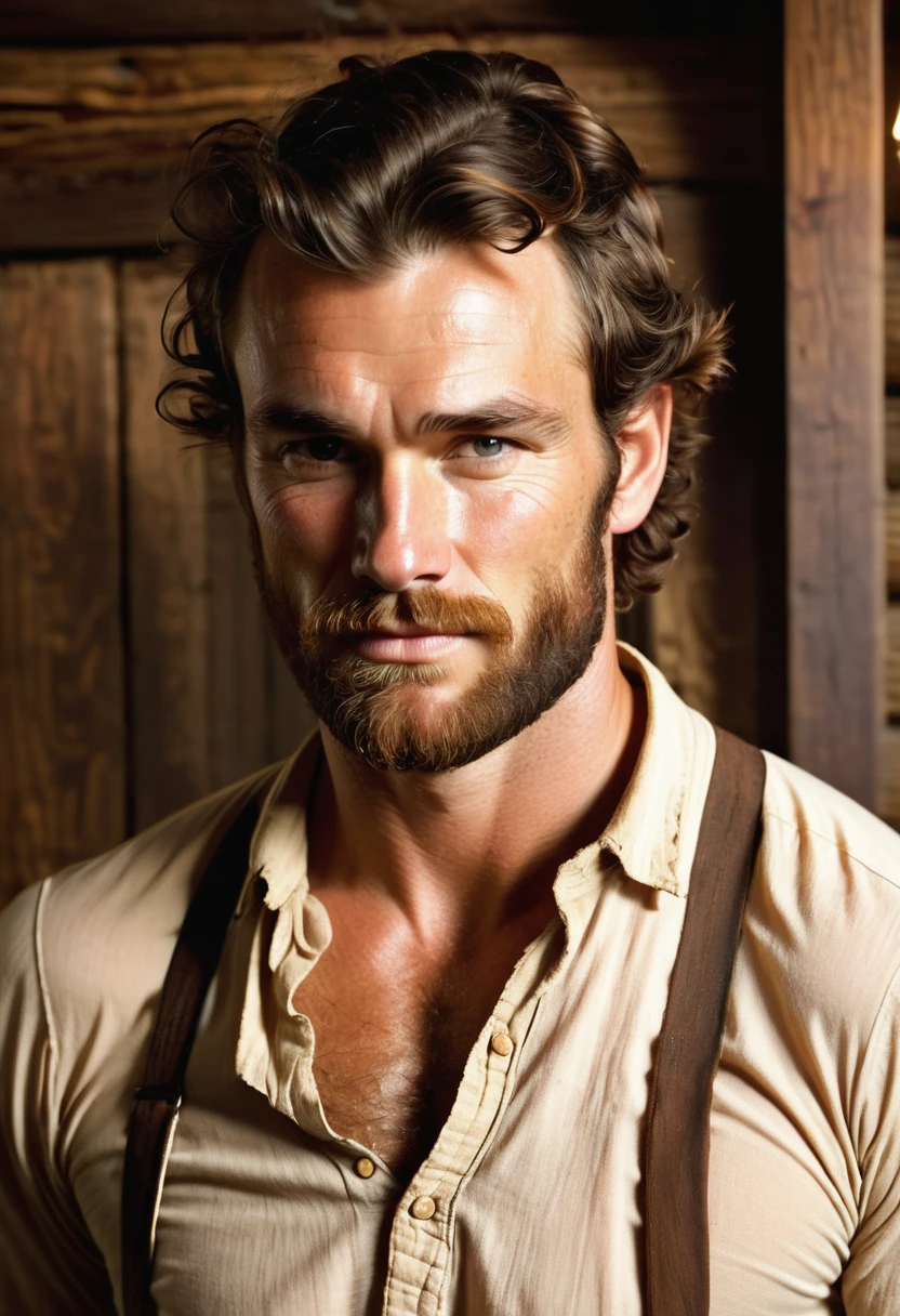 (highly detailed, soft light, photorealistic, dynamic light; cinematic; close up); victorian era; 1820s; 30 years old man; English; 1820s gentleman; strikingly handsome; high cheekbones; broad manly muscular jaw and chin; strapping; tough confident expression; masculine face with several scars; charismatic; grizzled; intense desirous expression; manly passionate air; very attractive; burly broad figure; ruddy weathered skin; unkempt beard; natural light-blue eyes; thick strong chestnut-brown eyebrows; carefully-shaped 1820s sideburns; 1820s thick brown coat, open; 1820's union shirt, ripped open and showing chest; 1820s suspenders connected to pants; broad very hairy chest showing; short styled chestnut-brown hair in 1820's hairstyle; full firm masculine lips, lips parted, mouth open; standing inside an 1820s intimate cosy log cabin at night-time; looking at camera
