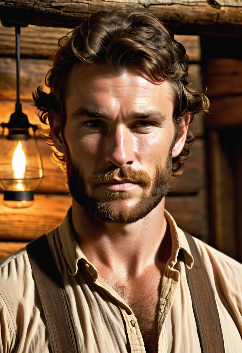 (highly detailed, soft light, photorealistic, dynamic light; cinematic; close up); victorian era; 1820s; 30 years old man; English; 1820s gentleman; strikingly handsome; high cheekbones; broad manly muscular jaw and chin; strapping; tough confident expression; masculine face with several scars; charismatic; grizzled; intense desirous expression; manly passionate air; very attractive; burly broad figure; ruddy weathered skin; unkempt beard; natural light-blue eyes; thick strong chestnut-brown eyebrows; carefully-shaped 1820s sideburns; 1820s thick brown coat, open; 1820's union shirt, ripped open and showing chest; 1820s suspenders connected to pants; broad very hairy chest showing; short styled chestnut-brown hair in 1820's hairstyle; full firm masculine lips, lips parted, mouth open; standing inside an 1820s intimate cosy log cabin at night-time; looking at camera