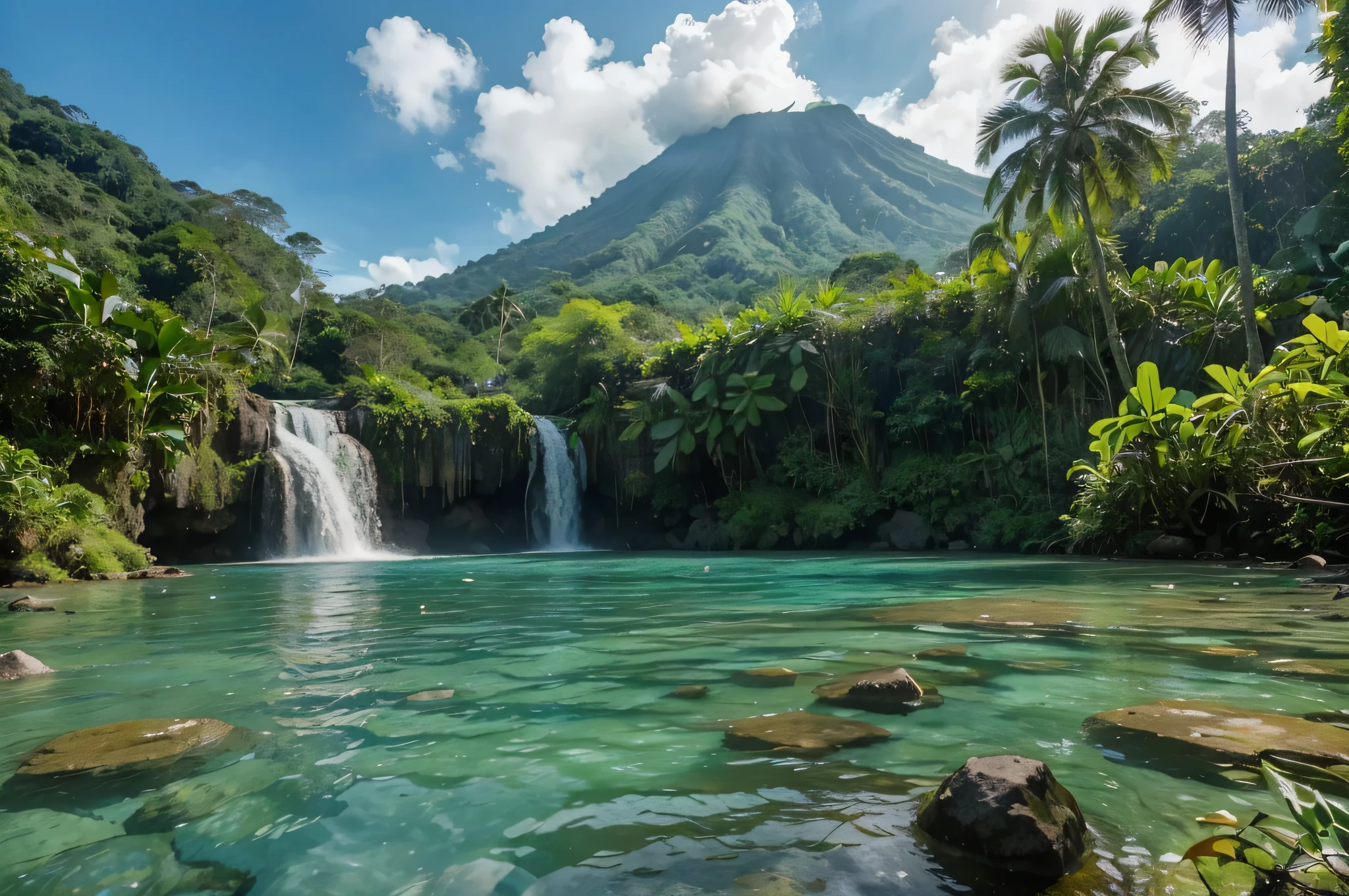The waterfall flows from between two short cliffs and falls into a clear poolwith clear water and a few natural rocks, there is a small hut, surrounded by tropical forest plants such as shady Wood trees, banana trees, a deer is drinking.with a distant backdrop of volcanoes and vast rice fields thick with rice plants, blue sky, bright white clouds, realistic photography.