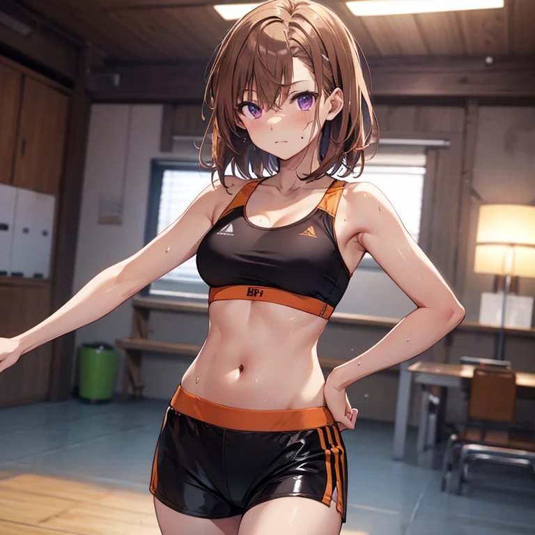 Masterpiece, 4K, Best Quality, Misaka Mikoto, purple eyes, orangish brown hair, lightbgolden brown skin, Ribbon, Sports Bra, Latex Shorts, Standing, Arms Crossed Cool Expression Sweat Miwaki